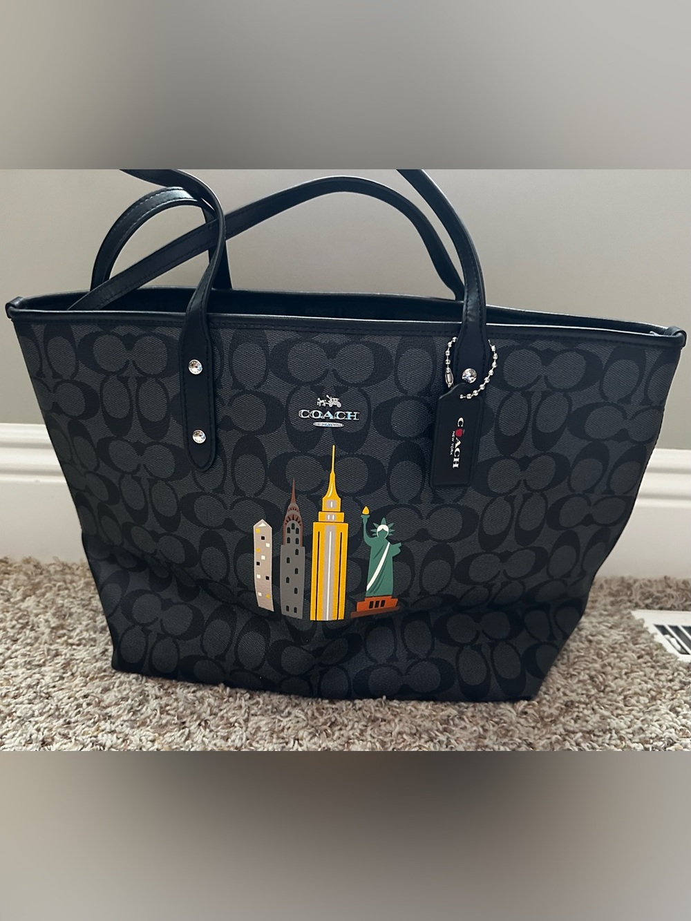 COACH Black Signature Canvas Tote with New York City Skyline Accent